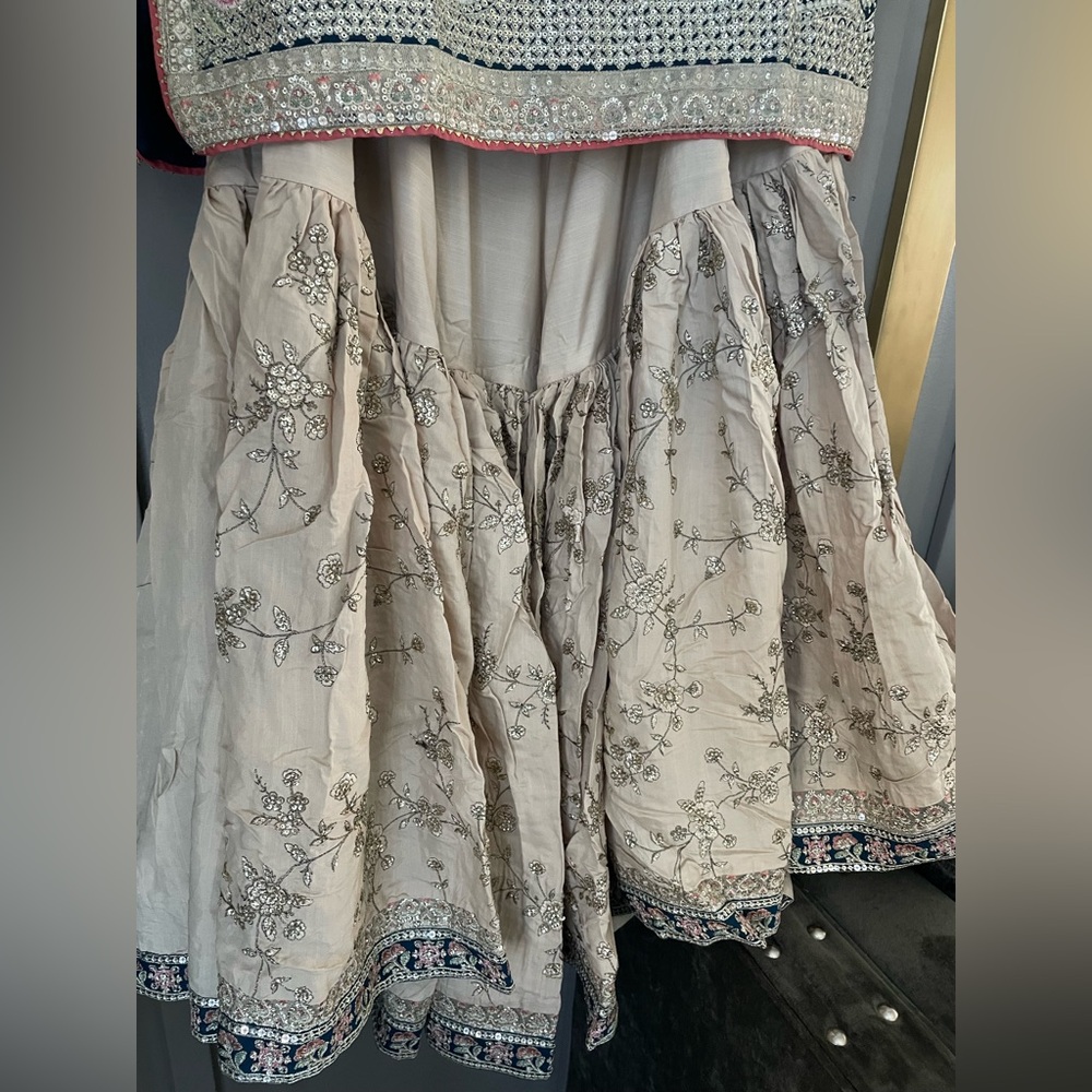 Embroidered Navy Top with Cream Sharara Skirt - Picture 3 of 12